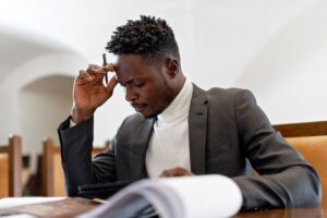 osoba zdezorientowana czytająca skomplikowane dokumenty prawne